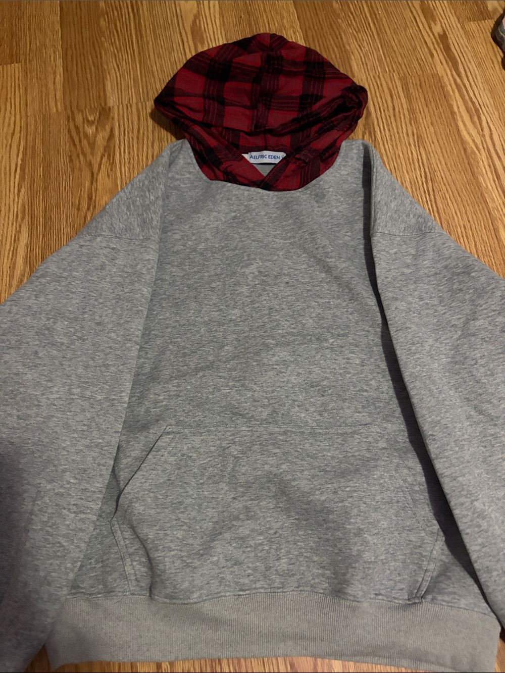 Aelfric Eden Gray Hoodie with Red Plaid Lined Hood